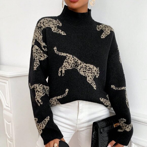 Black Casual Women's Leopard Pattern High Neck Drop Shoulder Sweater - Picture 1 of 6
